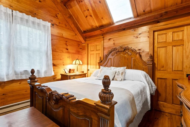 32 Lake Como Dr, Harmony, ME 04942 - bedroom featuring wood walls, wood finished floors, a baseboard radiator, and wooden ceiling