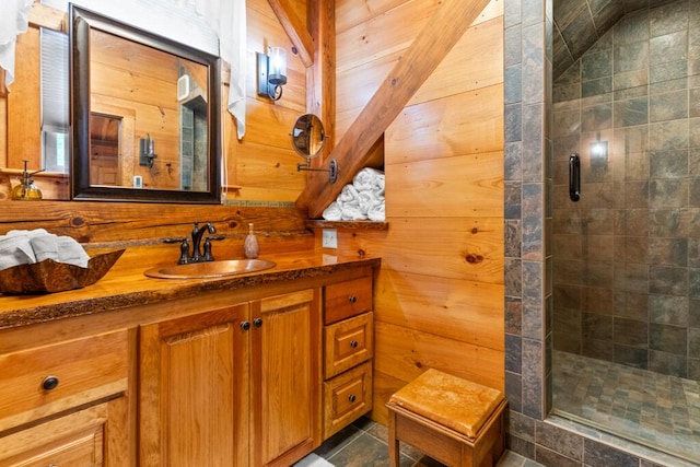 32 Lake Como Dr, Harmony, ME 04942 - bathroom with vanity, a shower stall, wooden walls, and tile patterned floors