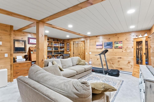 32 Lake Como Dr, Harmony, ME 04942 - living room with wooden walls, light colored carpet, recessed lighting, and beamed ceiling