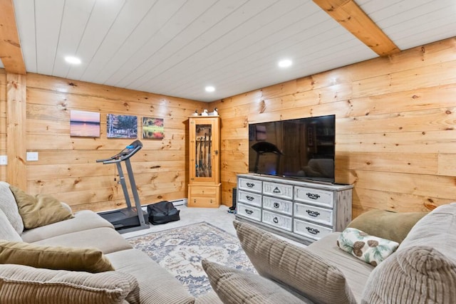 32 Lake Como Dr, Harmony, ME 04942 - carpeted living room with wooden walls, recessed lighting, and wood ceiling