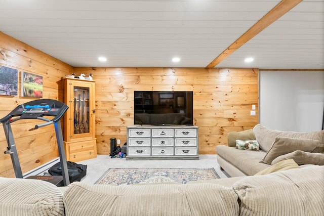 32 Lake Como Dr, Harmony, ME 04942 - carpeted living area featuring wood walls and recessed lighting