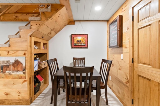 32 Lake Como Dr, Harmony, ME 04942 - dining area with carpet floors, wood ceiling, recessed lighting, and wooden walls