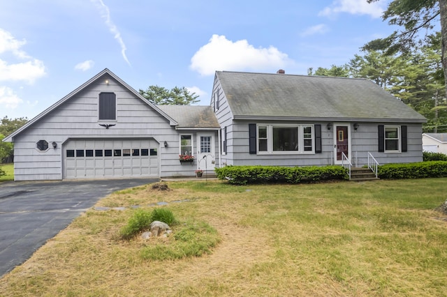 2 Wanda Ln, Gray, ME 04039 - view of front facade with driveway, a garage, roof with shingles, a front yard, and a chimney