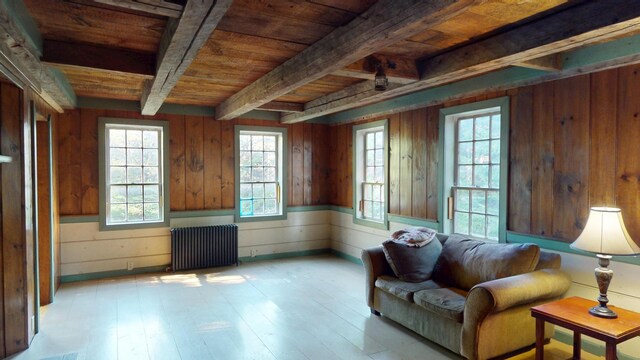 30 Wilkinson Ln, Machiasport, ME 04655 - living area featuring radiator, a wood ceiling with exposed beams, healthy amount of natural light, light wood-style floors, and wood walls