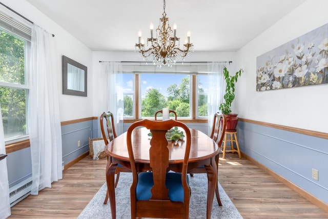 470 Main St, Waterville, ME 04901 - dining area featuring a baseboard heating unit, light wood-style flooring, a chandelier, plenty of natural light, and wainscoting