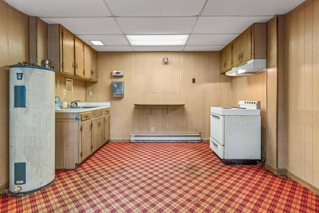 470 Main St, Waterville, ME 04901 - kitchen featuring electric stove, electric water heater, a baseboard radiator, under cabinet range hood, and a drop ceiling