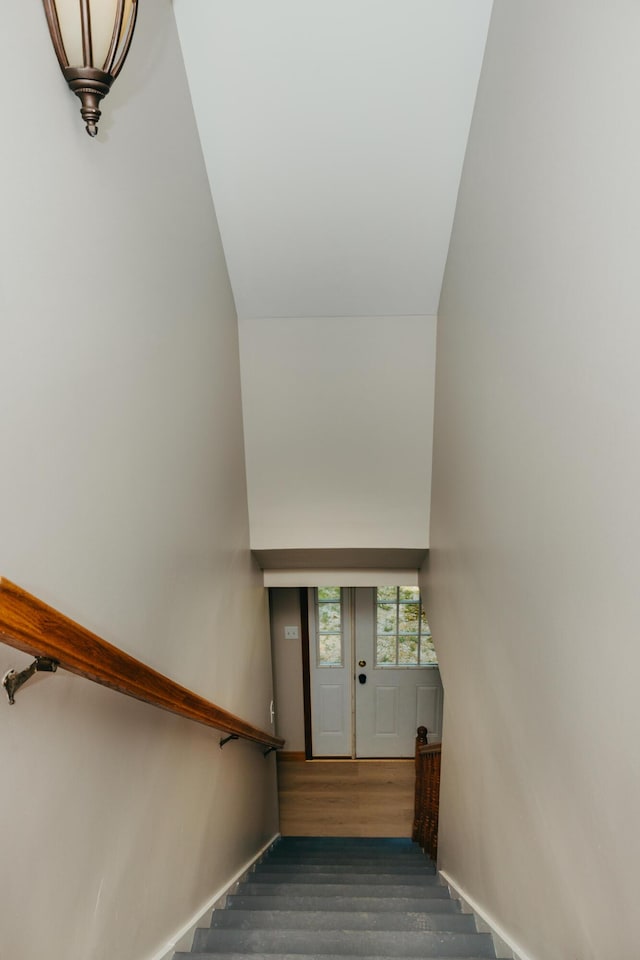 38 Swamp Rd, Bridgton, ME 04009 - stairs featuring high vaulted ceiling and wood finished floors