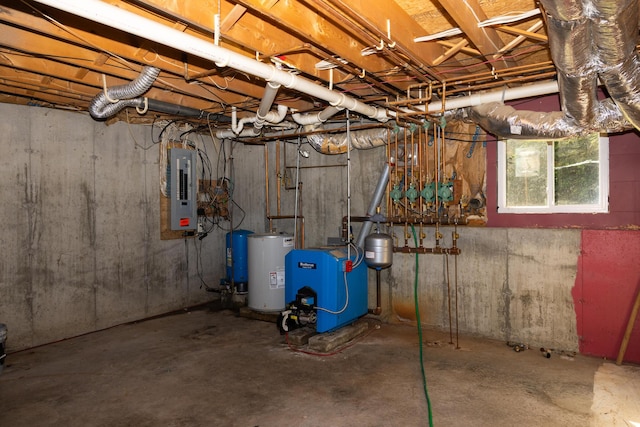 38 Swamp Rd, Bridgton, ME 04009 - basement with electric panel, a heating unit, electric water heater, and a water pressure tank