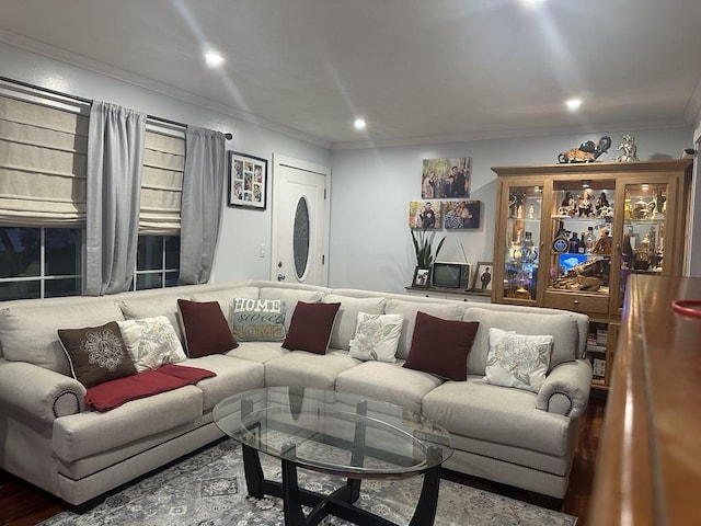 7 Lorraine Ave, Lewiston, ME 04240 - living room with ornamental molding, wood finished floors, and recessed lighting