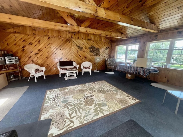 7 Lorraine Ave, Lewiston, ME 04240 - sitting room featuring carpet, wood walls, and a wooden ceiling with exposed beams