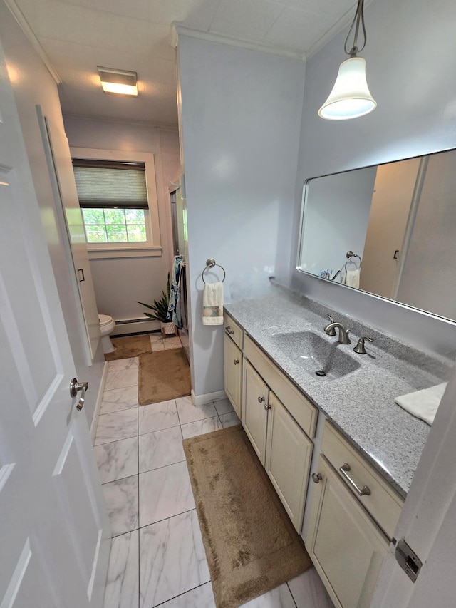 7 Lorraine Ave, Lewiston, ME 04240 - bathroom with vanity, marble look tile flooring, a shower with door, crown molding, and a baseboard radiator