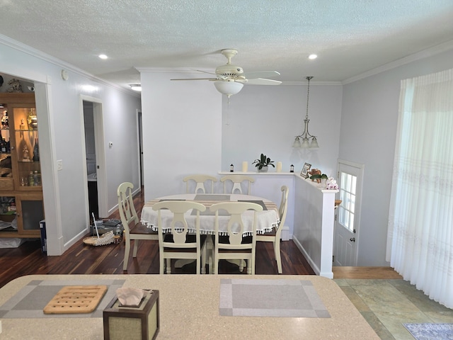 7 Lorraine Ave, Lewiston, ME 04240 - dining room featuring crown molding, ceiling fan, wood finished floors, recessed lighting, and a textured ceiling