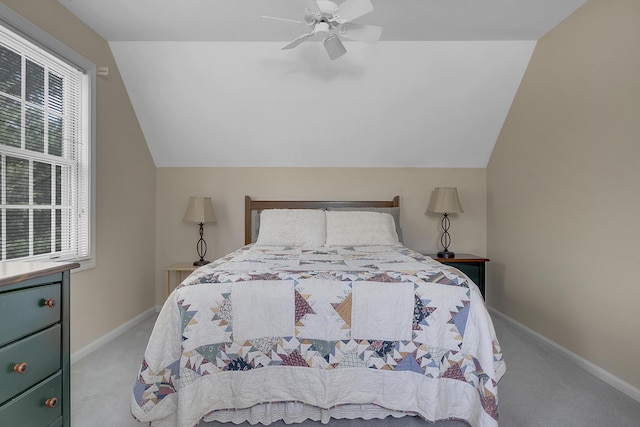 9 Crosby Ln Unit 1, Newry, ME 04261 - bedroom featuring carpet floors, multiple windows, lofted ceiling, and ceiling fan