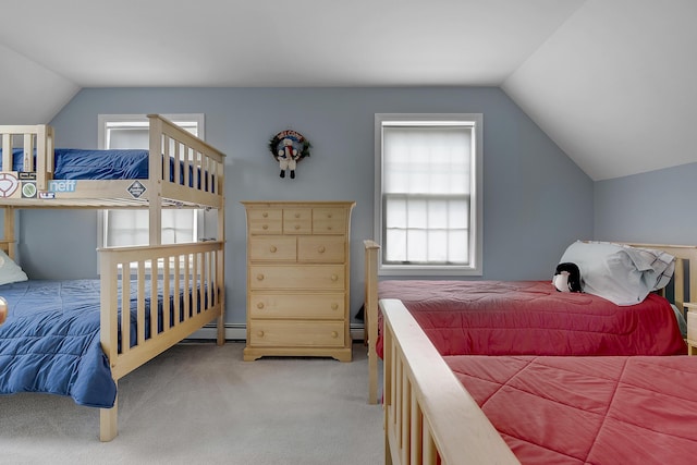 9 Crosby Ln Unit 1, Newry, ME 04261 - bedroom featuring lofted ceiling, light colored carpet, and a baseboard radiator