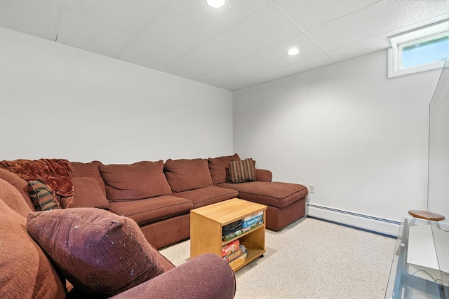 9 Crosby Ln Unit 1, Newry, ME 04261 - living room with a baseboard radiator, carpet, a drop ceiling, and recessed lighting