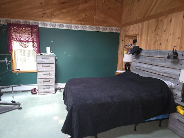 502 Cedar Lake Rd, Millinocket, ME 04462 - bedroom featuring carpet, wood walls, and vaulted ceiling