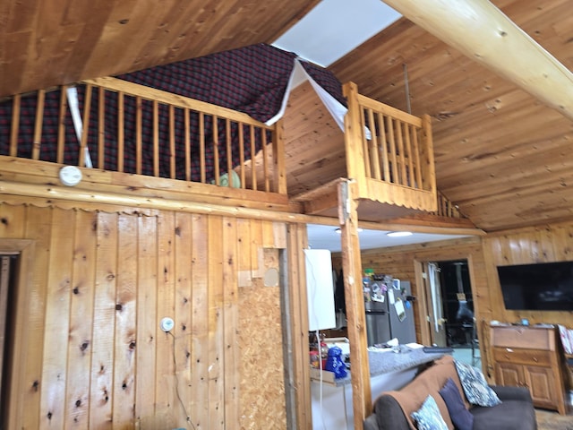502 Cedar Lake Rd, Millinocket, ME 04462 - living area with high vaulted ceiling, wood walls, and wooden ceiling