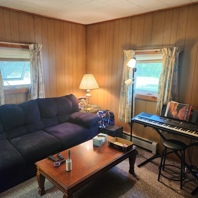 485 Main Rd, Passadumkeag, ME 04475 - carpeted living area with baseboard heating, healthy amount of natural light, and wood walls