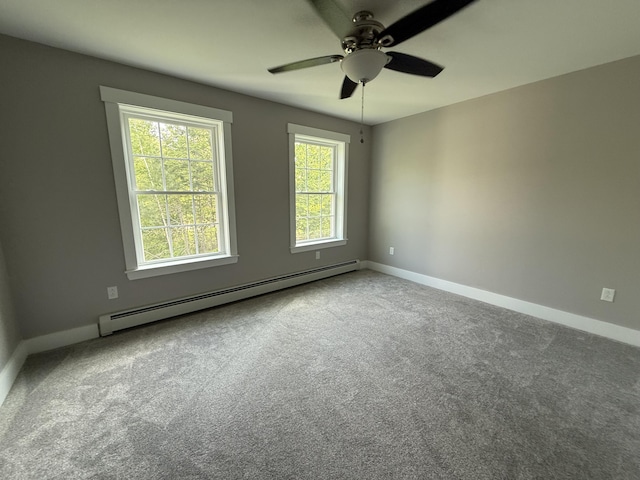 34 May Way, Sidney, ME 04330 - carpeted spare room featuring a baseboard radiator and ceiling fan