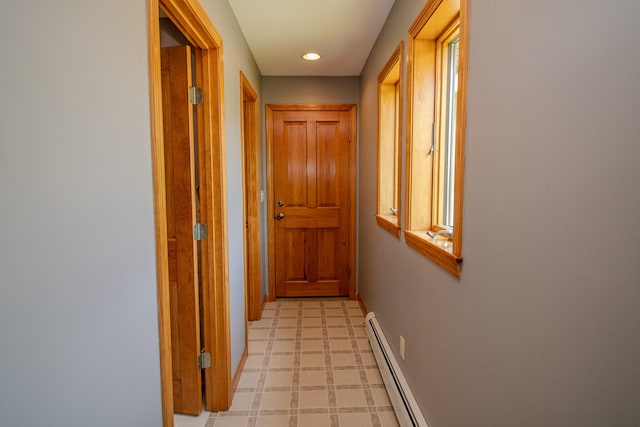 32 Ridge Rd, Marshfield, ME 04654 - corridor featuring a baseboard radiator and recessed lighting