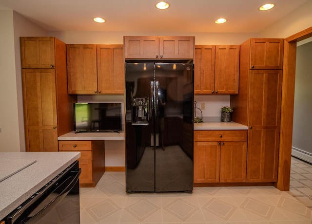 32 Ridge Rd, Marshfield, ME 04654 - kitchen featuring black appliances, light countertops, light flooring, brown cabinetry, and recessed lighting