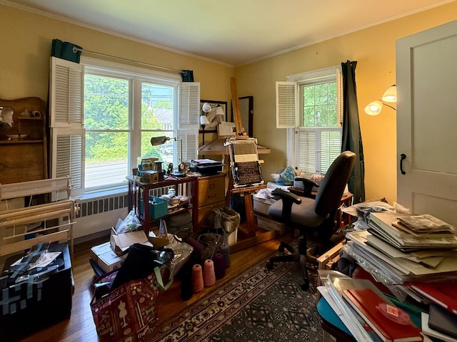 755 Main St, Calais, ME 04619 - home office featuring hardwood / wood-style floors, crown molding, and radiator heating unit