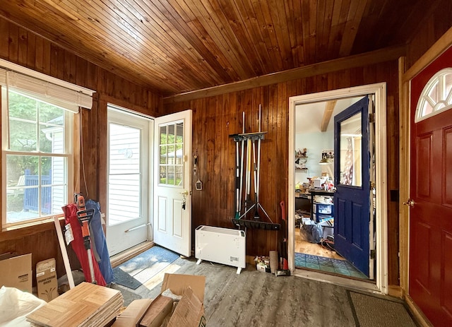 755 Main St, Calais, ME 04619 - entryway featuring wood walls, healthy amount of natural light, wood finished floors, and wooden ceiling