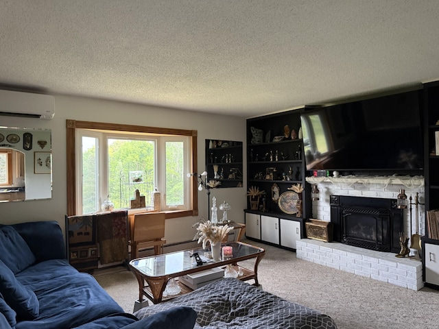 211 Hinckley Hill Rd, Carmel, ME 04419 - carpeted living area with a wall unit AC, a textured ceiling, and a brick fireplace