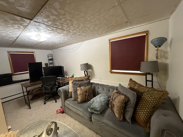 211 Hinckley Hill Rd, Carmel, ME 04419 - office with a baseboard heating unit, carpet, and a drop ceiling