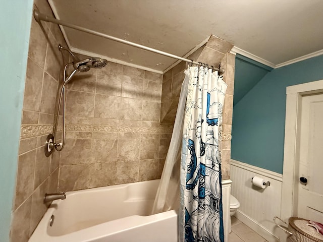 58 Elm St, Old Town, ME 04468 - full bath with shower / tub combo, wainscoting, crown molding, and tile patterned floors