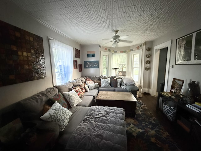 58 Elm St, Old Town, ME 04468 - living room with ceiling fan and dark wood-style flooring
