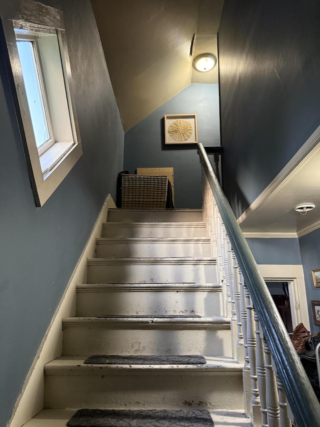 58 Elm St, Old Town, ME 04468 - stairway with vaulted ceiling and ornamental molding
