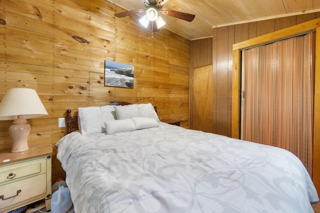 19 Davis Ln, Burnham, ME 04922 - bedroom with wooden ceiling, wood walls, ceiling fan, and a closet