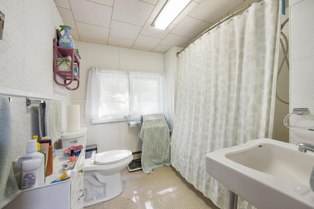 19 Davis Ln, Burnham, ME 04922 - bathroom with wallpapered walls, tile patterned flooring, and a shower with shower curtain