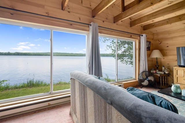 19 Davis Ln, Burnham, ME 04922 - living area featuring a baseboard radiator, wood walls, and a wood ceiling with exposed beams