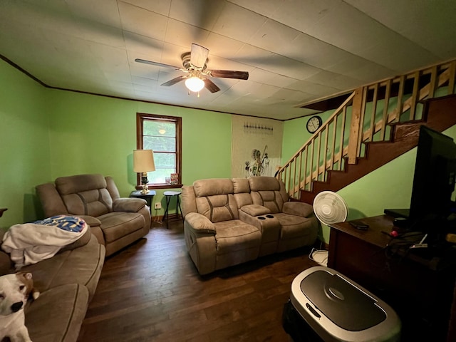 358 Swain Rd, Rumford, ME 04276 - living area with dark wood-style floors, stairs, and a ceiling fan