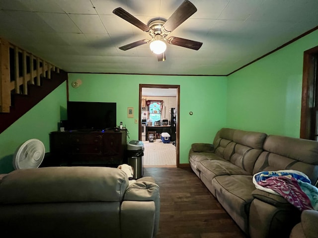 358 Swain Rd, Rumford, ME 04276 - living room with wood finished floors, ceiling fan, and stairs
