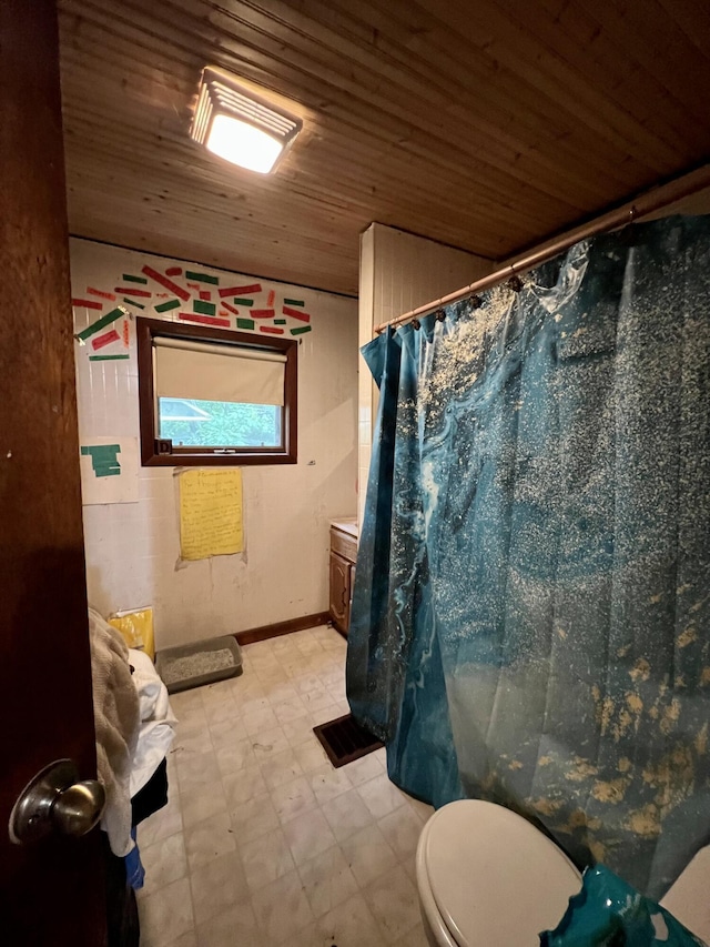 358 Swain Rd, Rumford, ME 04276 - full bathroom with tile patterned floors, wooden ceiling, and curtained shower
