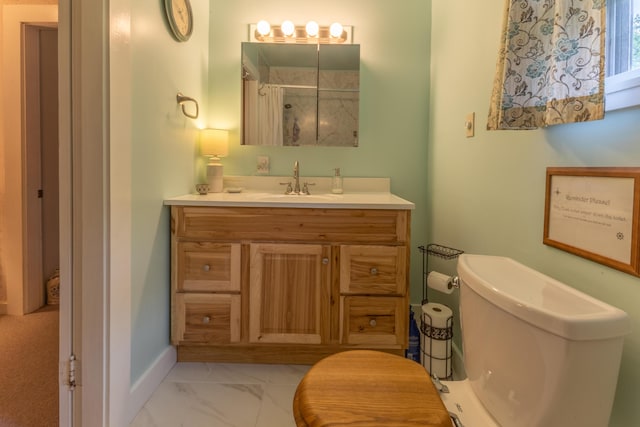 6 Paddy Ln, Franklin, ME 04634 - full bath featuring vanity, marble look tiles, and a shower with shower curtain
