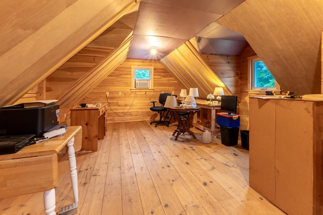 6 Paddy Ln, Franklin, ME 04634 - office featuring wooden walls, hardwood / wood-style floors, lofted ceiling, plenty of natural light, and cooling unit