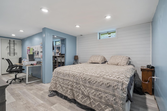 104 Chick Rd, Lebanon, ME 04027 - bedroom with wood finished floors, wood walls, a desk, and recessed lighting