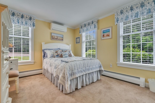 86 Farragut Way Unit 86, Kennebunk, ME 04043 - bedroom featuring a baseboard heating unit, an AC wall unit, ornamental molding, and light carpet