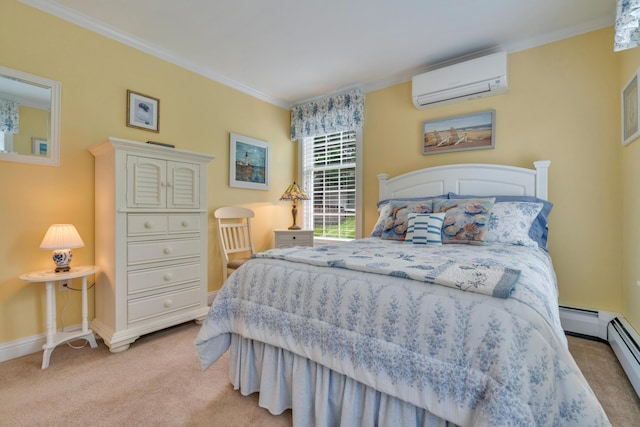 86 Farragut Way Unit 86, Kennebunk, ME 04043 - bedroom featuring a wall mounted air conditioner, ornamental molding, light colored carpet, and baseboard heating