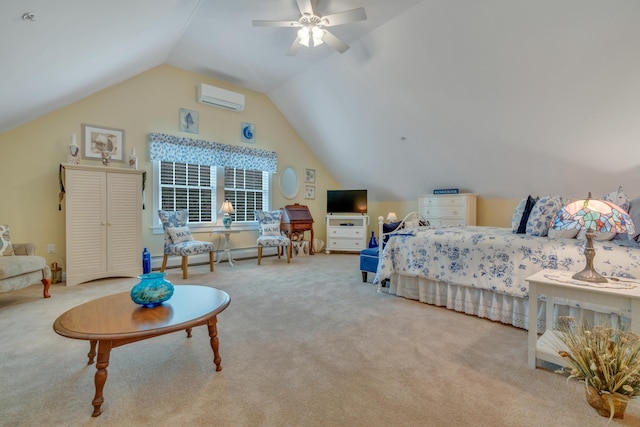 86 Farragut Way Unit 86, Kennebunk, ME 04043 - carpeted bedroom featuring a wall unit AC, vaulted ceiling, and ceiling fan