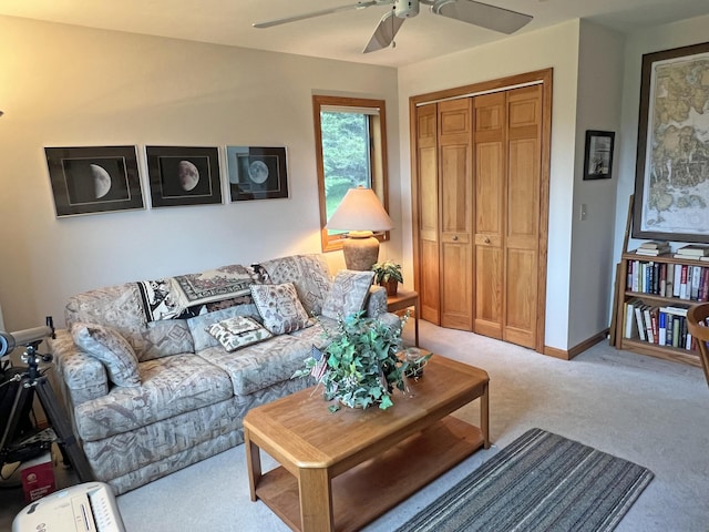 31 Deer Run, Lamoine, ME 04605 - carpeted living room featuring ceiling fan and baseboards