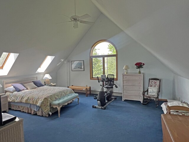 31 Deer Run, Lamoine, ME 04605 - bedroom featuring a skylight, lofted ceiling, carpet, and a ceiling fan