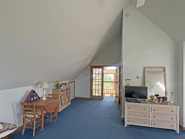 31 Deer Run, Lamoine, ME 04605 - carpeted bedroom with lofted ceiling and access to outside