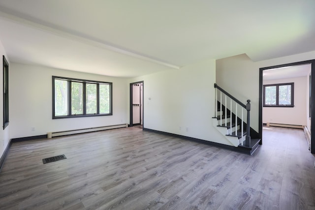 9 Jean St, Kittery, ME 03904 - unfurnished living room with baseboard heating, stairway, and wood finished floors