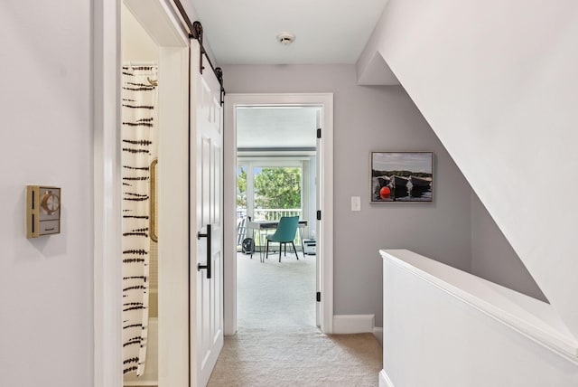 135 Ocean Ave Unit 15, Kennebunkport, ME 04046 - hallway featuring light colored carpet, an upstairs landing, and a barn door