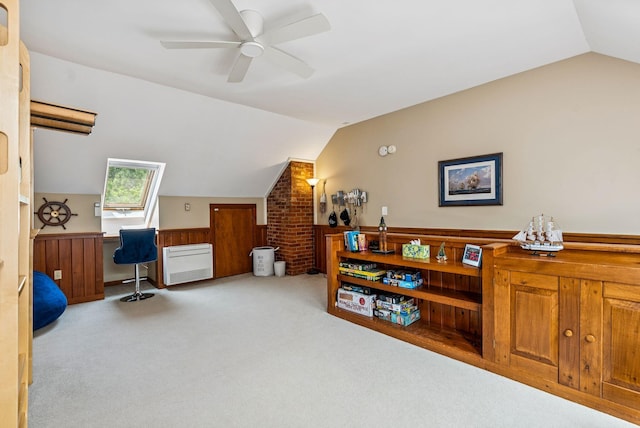 135 Ocean Ave Unit 15, Kennebunkport, ME 04046 - carpeted office space with lofted ceiling, a ceiling fan, and a wainscoted wall
